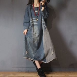 Round Neck Long Sleeve Patchwork Denim Ripped Dres